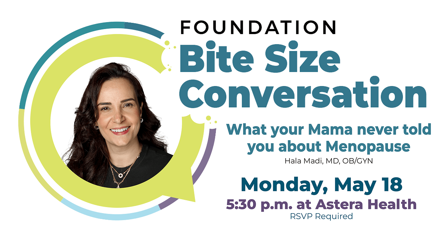 Dr. Madi's photo with event details for the next Bite Size Conversation in Wadena, MN that will cover menopause.