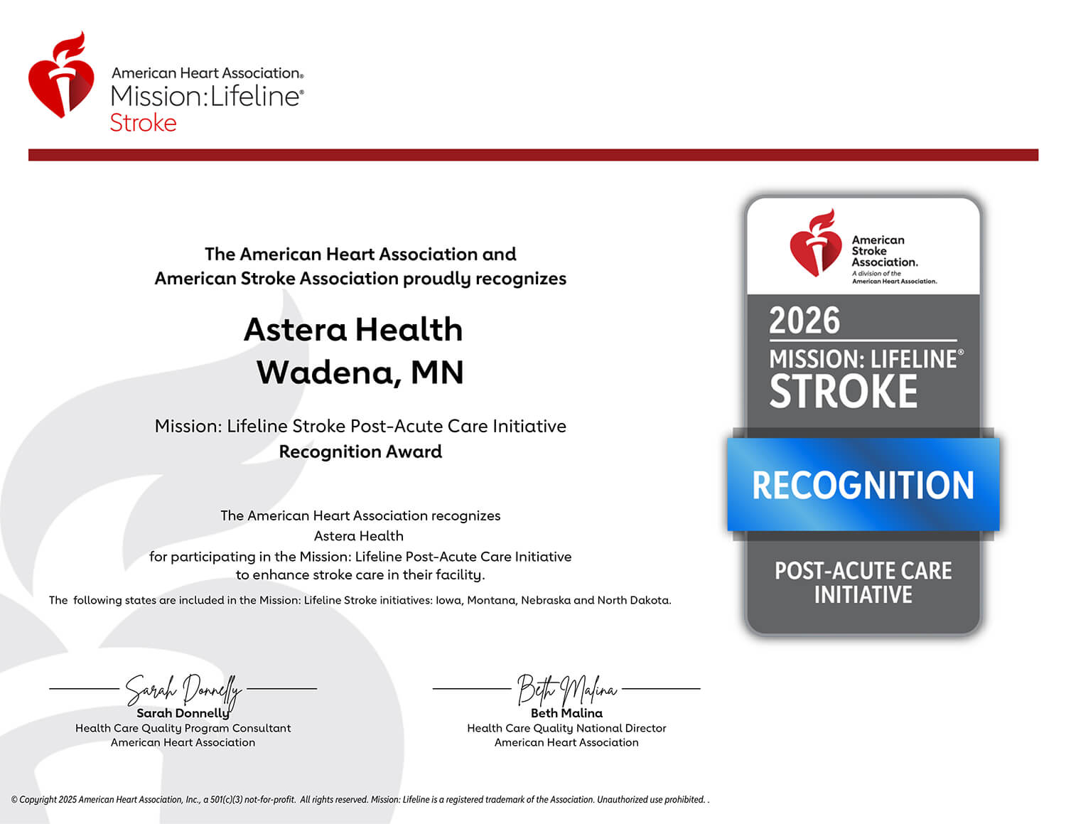 A certification from the American Heart Association and American Stroke Association recognizing Astera Health for it's Mission: Lifeline Stroke Post-Acute Care Initiative.