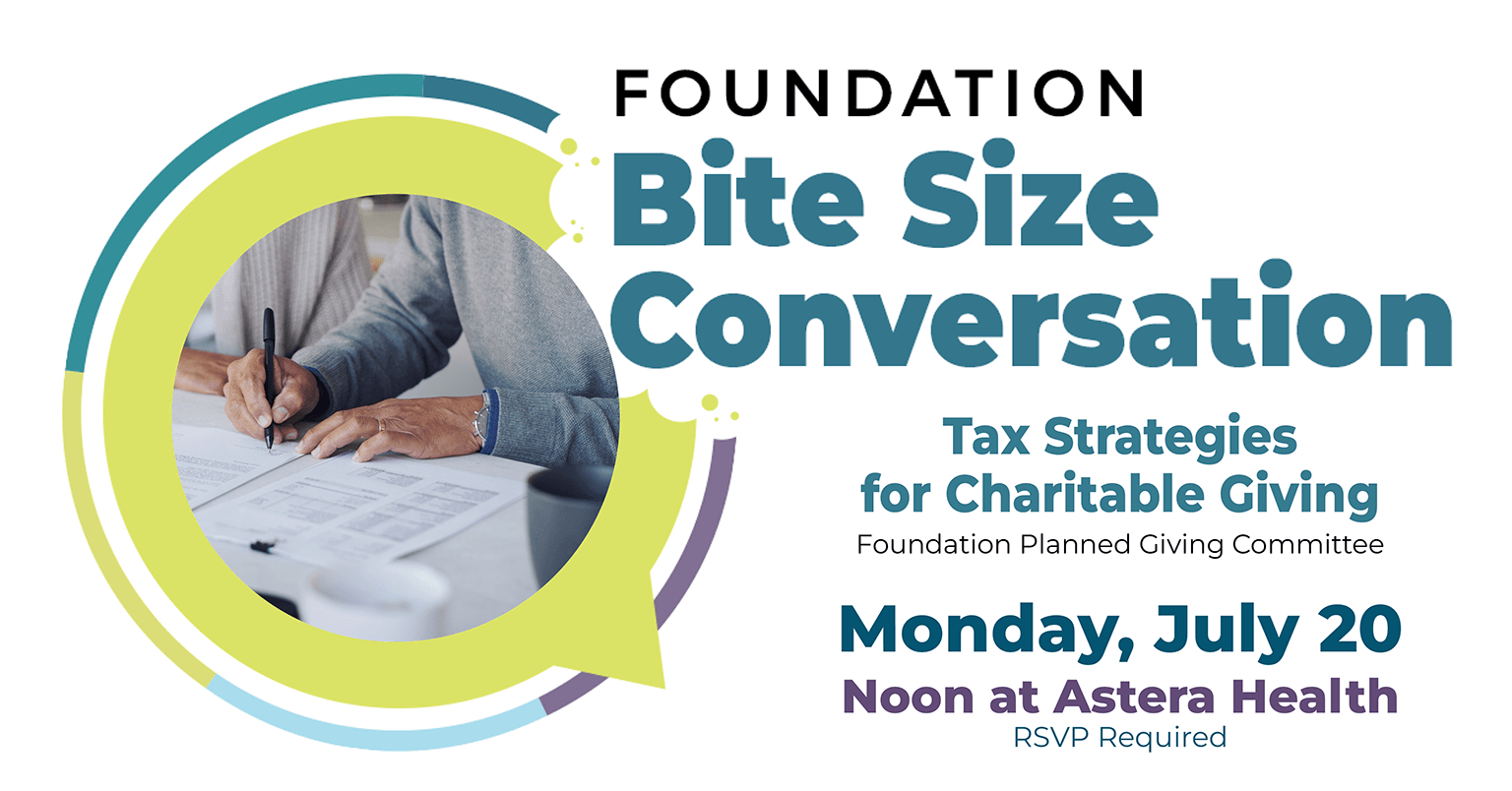 Bite Size Conversation: Tax Strategies for Charitable Giving event scheduled for Monday, July 20, at Noon.